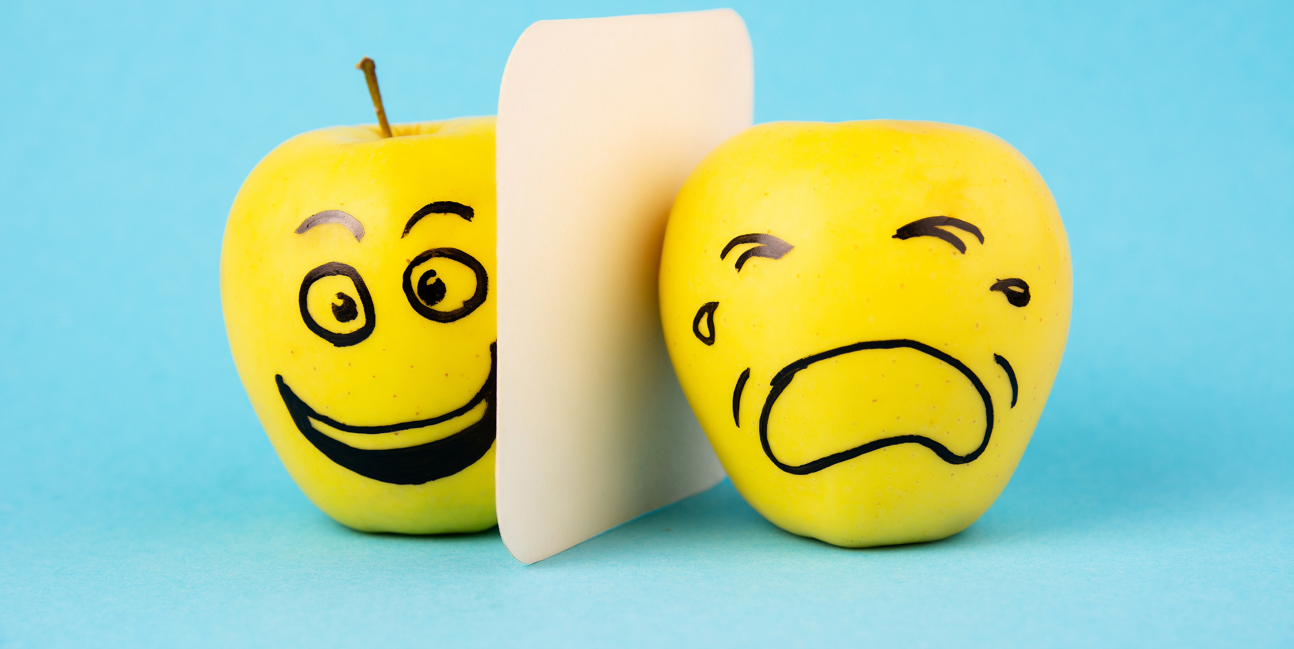 A happy apple and a sad apple showing there is always joy in oy.