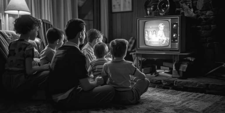 Black and white image of kids watching TV.